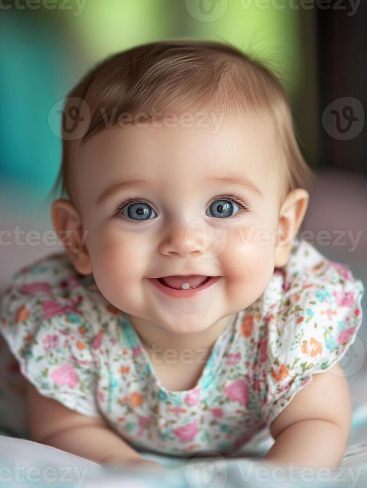 A baby smiling while laying on a bed photo