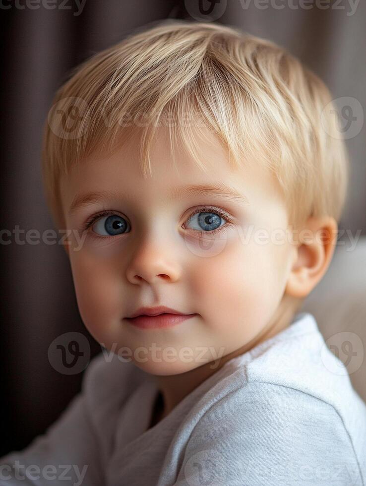 A young boy with blue eyes looking at the camera photo