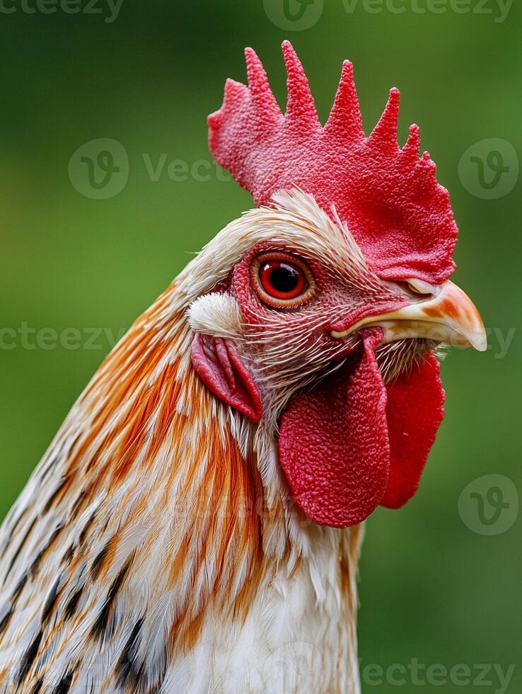 A close up of a rooster with a green background photo