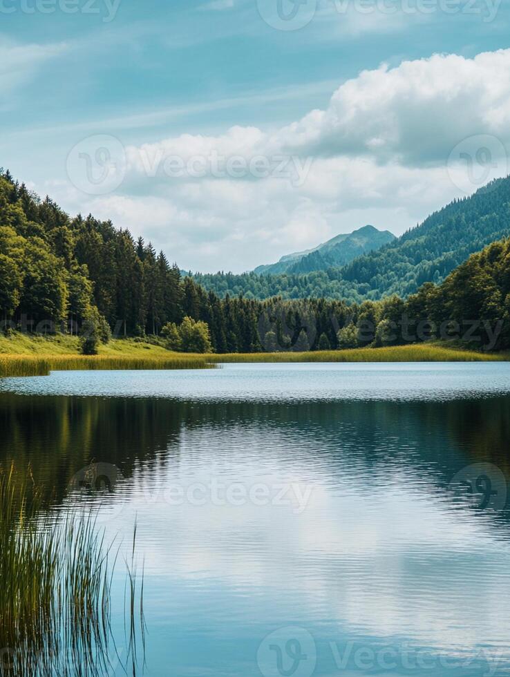A lake surrounded by trees and grass photo