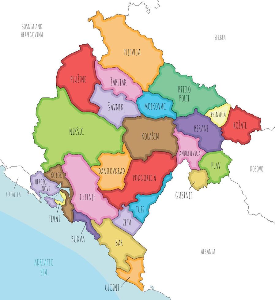 illustrated regional map of Montenegro with municipalities and administrative divisions, and neighbouring countries and territories. Editable and clearly labeled layers. vector