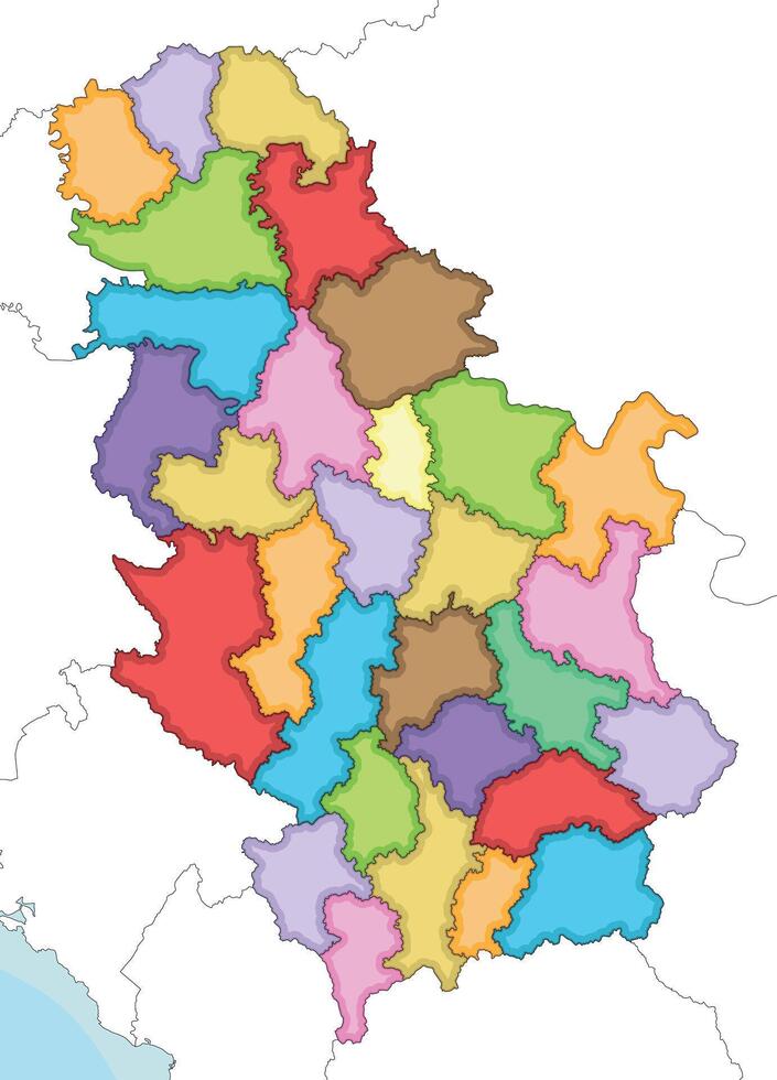 illustrated regional blank map of Serbia with districts and administrative divisions, and neighbouring countries and territories. Editable and clearly labeled layers. vector