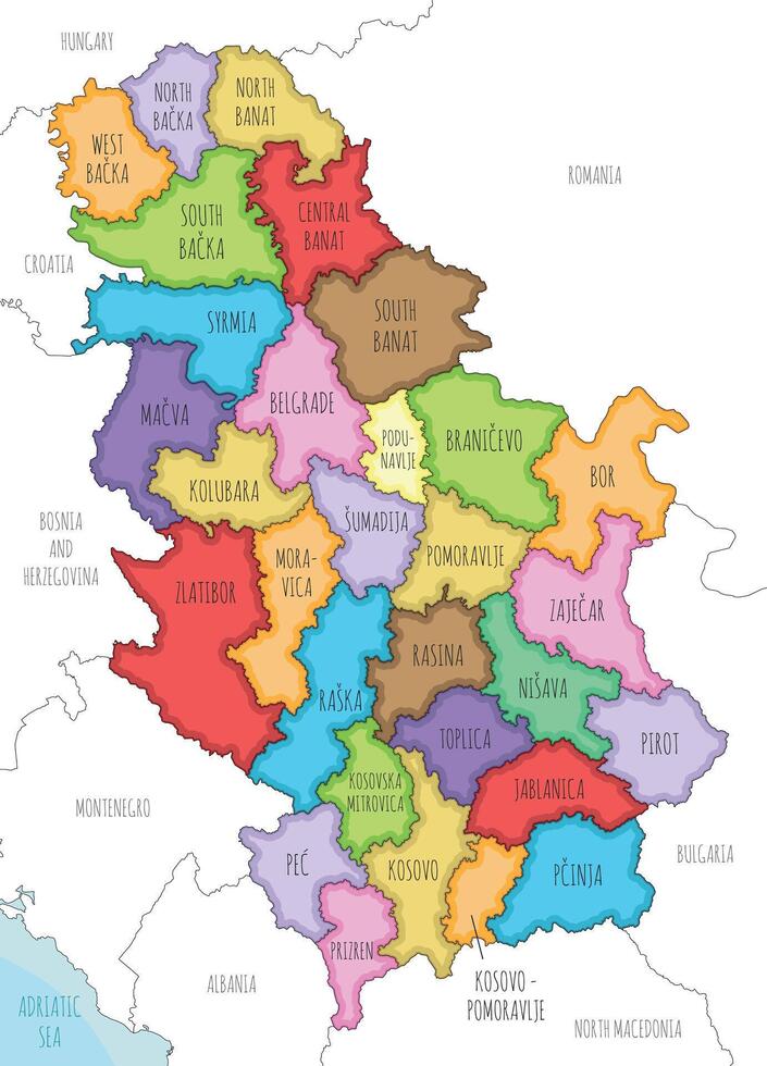 illustrated regional map of Serbia with districts and administrative divisions, and neighbouring countries and territories. Editable and clearly labeled layers. vector
