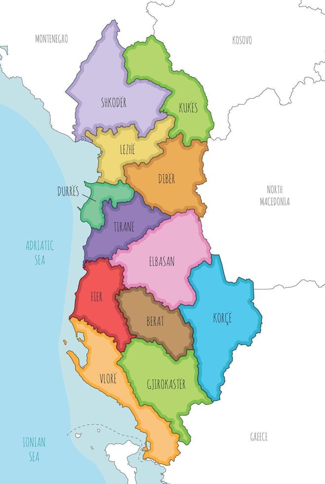 illustrated regional map of Albania with counties and administrative divisions, and neighbouring countries and territories. Editable and clearly labeled layers. vector