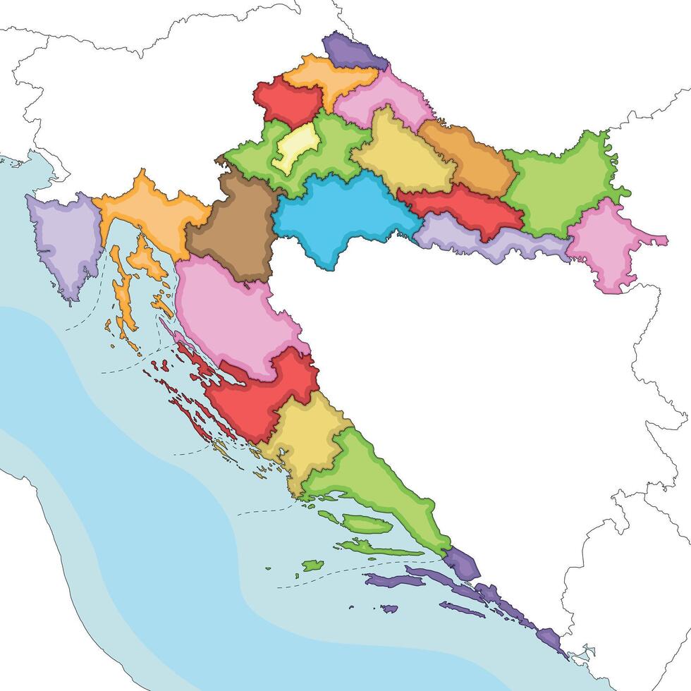 illustrated regional blank map of Croatia with counties, capital city and administrative divisions, and neighbouring countries and territories. Editable and clearly labeled layers. vector