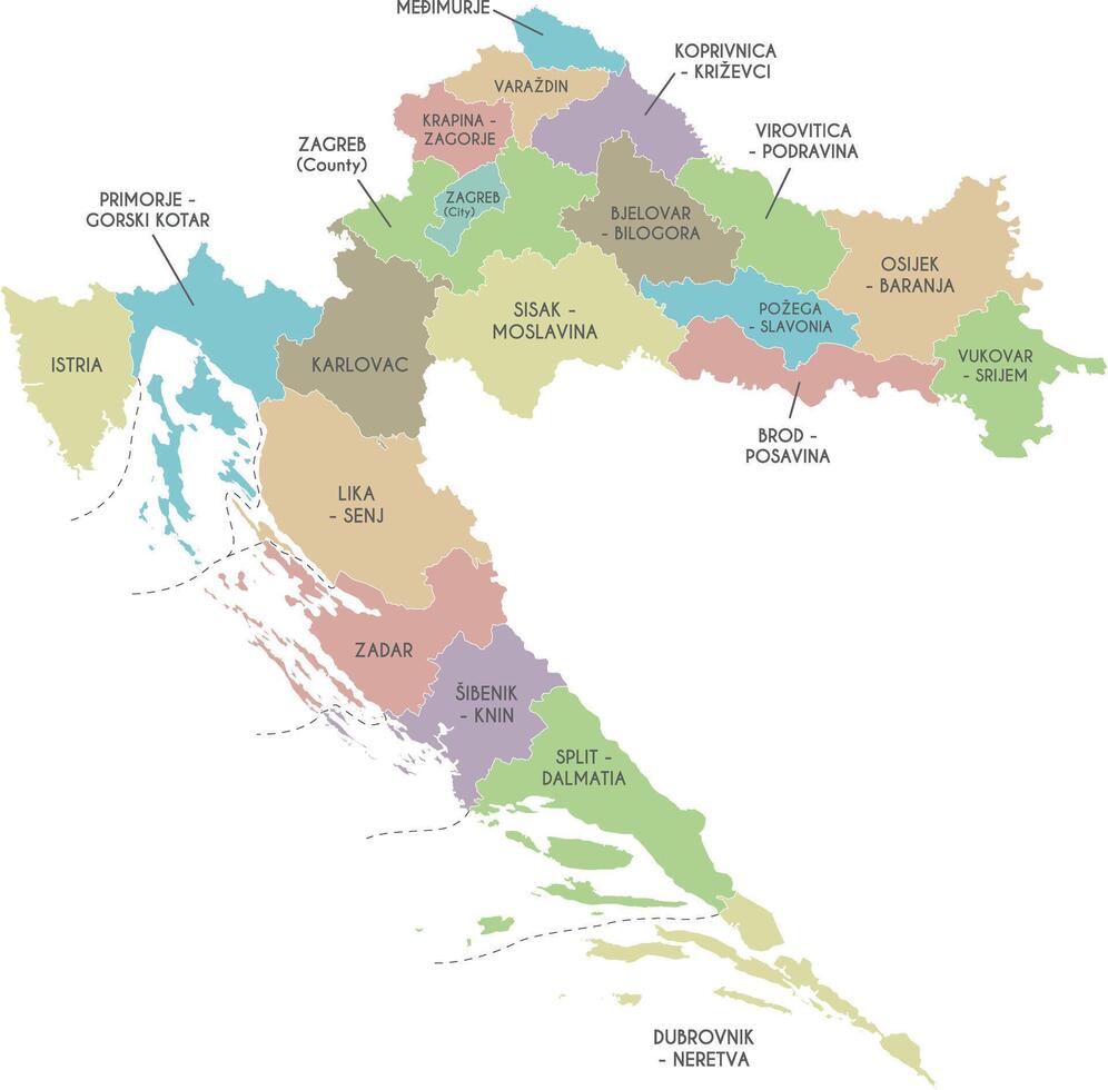 regional map of Croatia with counties, capital city and administrative divisions. Editable and clearly labeled layers. vector