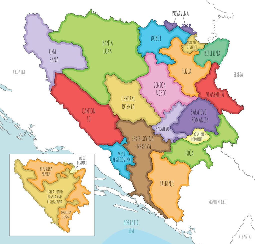 illustrated map of Bosnia and Herzegovina with entities, cantons, regions and administrative divisions, and neighbouring countries and territories. Editable and clearly labeled layers. vector