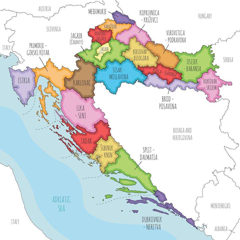 illustrated regional map of Croatia with counties, capital city and administrative divisions, and neighbouring countries and territories. Editable and clearly labeled layers. vector