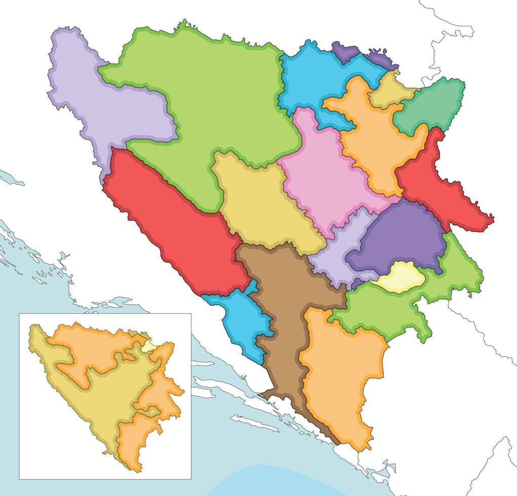 illustrated blank map of Bosnia and Herzegovina with entities, cantons, regions and administrative divisions, and neighbouring countries and territories. Editable and clearly labeled layers. vector