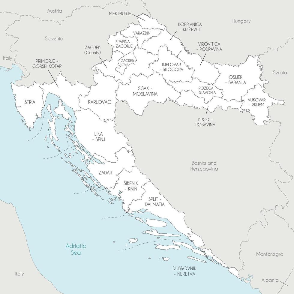regional map of Croatia with counties, capital city and administrative divisions, and neighbouring countries and territories. Editable and clearly labeled layers. vector