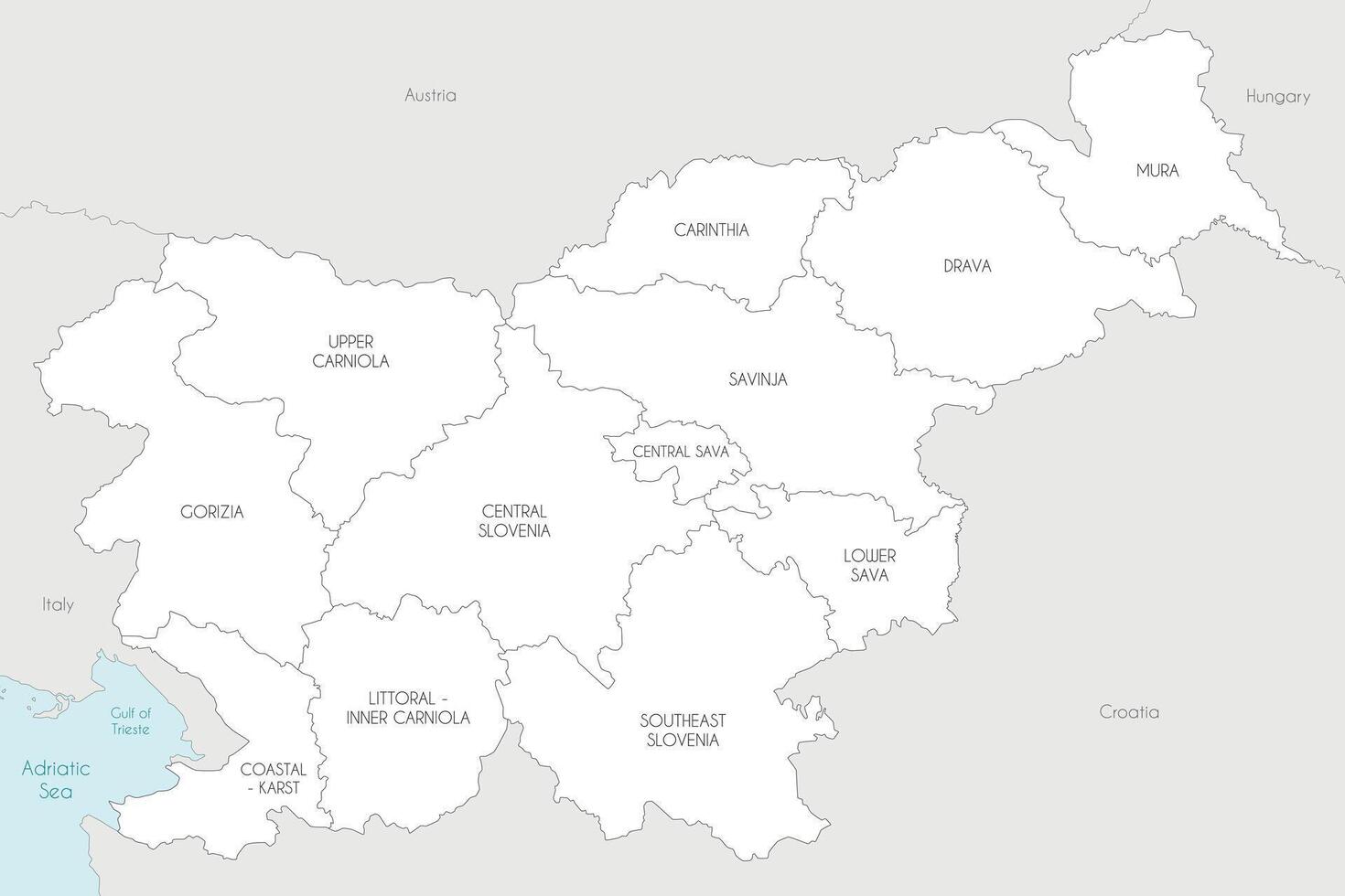 map of Slovenia with statistical regions and administrative divisions, and neighbouring countries and territories. Editable and clearly labeled layers. vector