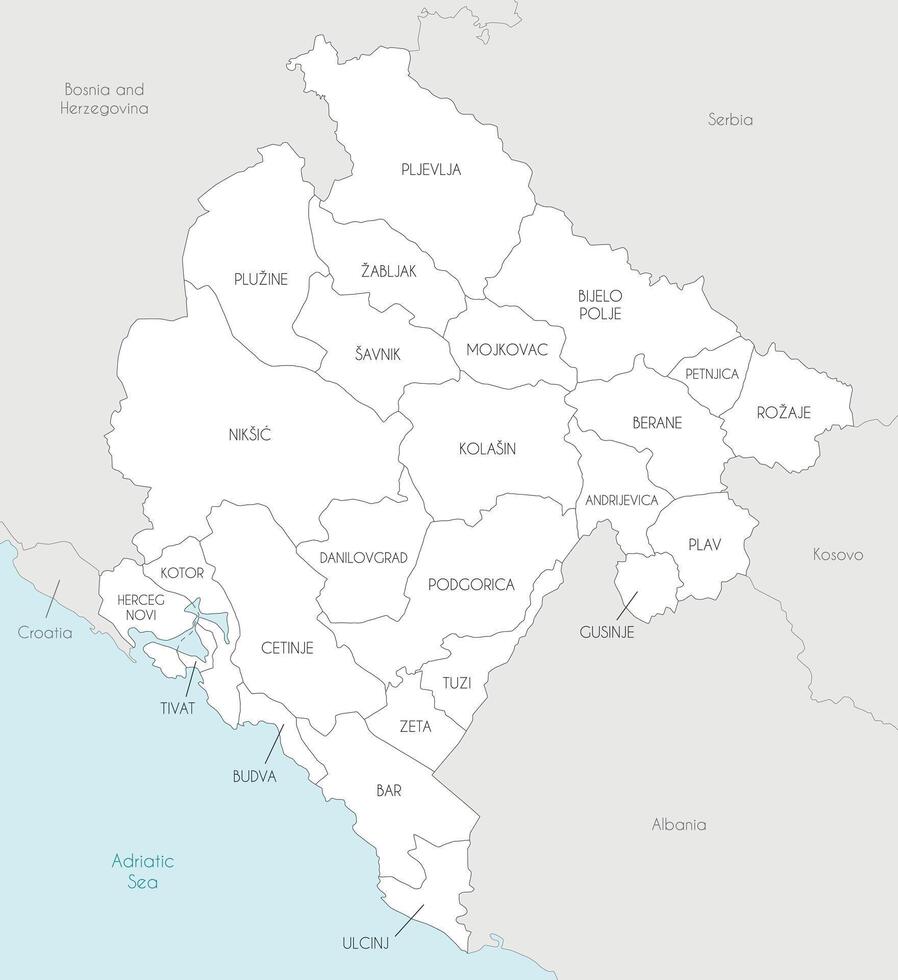 regional map of Montenegro with municipalities and administrative divisions, and neighbouring countries and territories. Editable and clearly labeled layers. vector