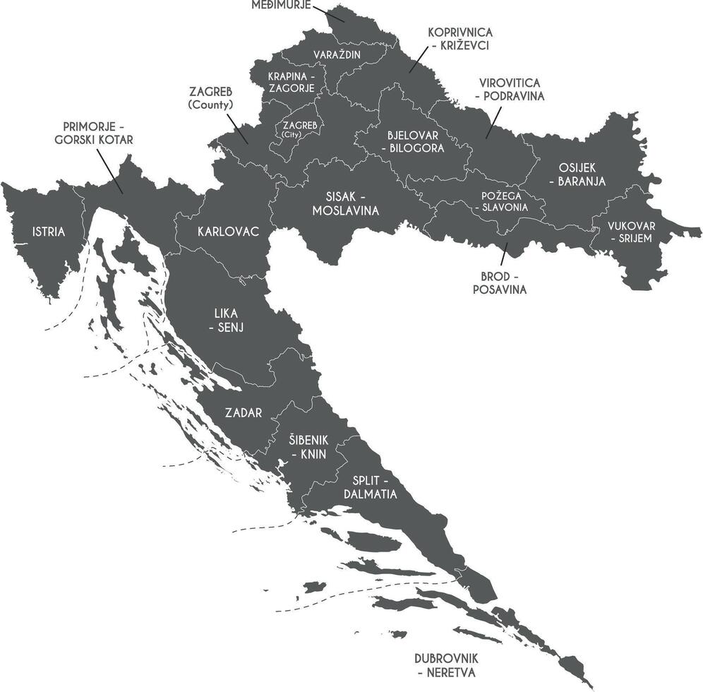 regional map of Croatia with counties, capital city and administrative divisions. Editable and clearly labeled layers. vector