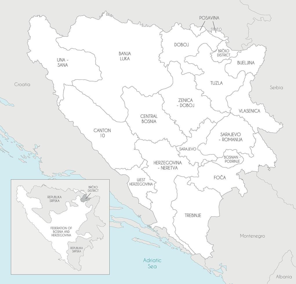 map of Bosnia and Herzegovina with entities, cantons, regions and administrative divisions, and neighbouring countries and territories. Editable and clearly labeled layers. vector