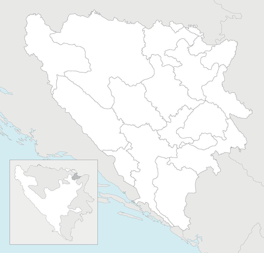 blank map of Bosnia and Herzegovina with entities, cantons, regions and administrative divisions, and neighbouring countries and territories. Editable and clearly labeled layers. vector