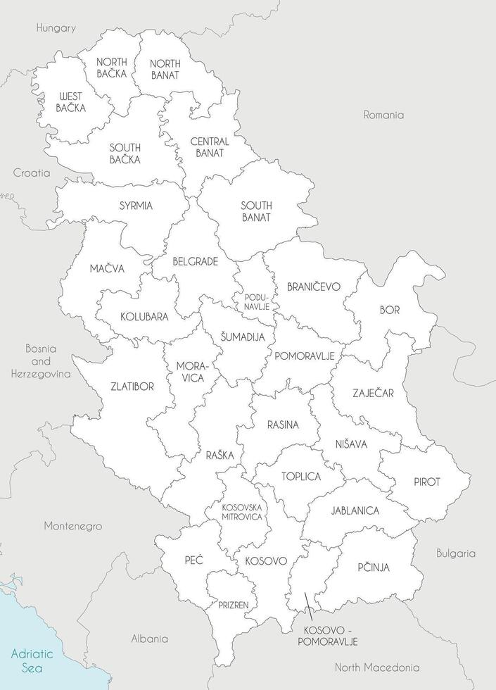 regional map of Serbia with districts and administrative divisions, and neighbouring countries and territories. Editable and clearly labeled layers. vector