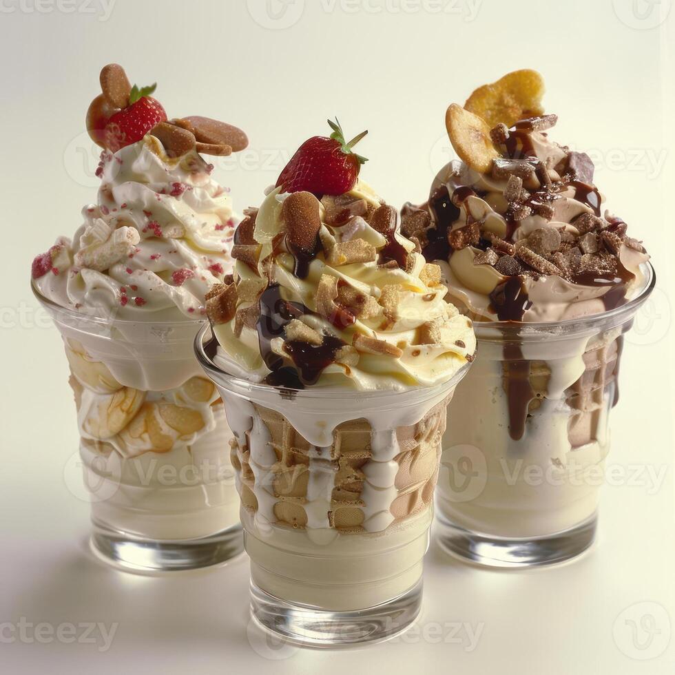 three ice cream sundaes with nuts, chocolate, and strawberries photo