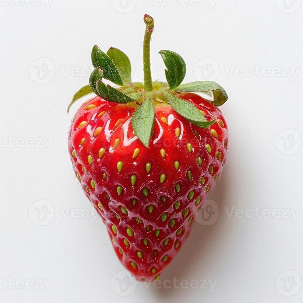 a close up of a strawberry on a white surface photo