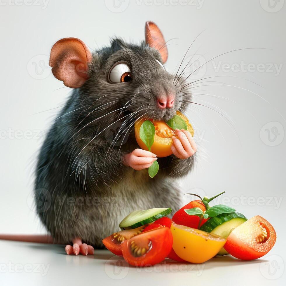 An animated cartoon of a cute rat holding an orange slice and enjoying fruit. photo