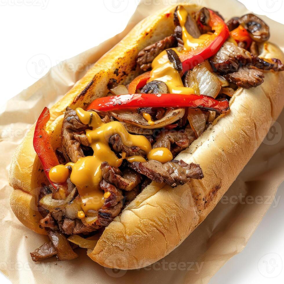 a hot dog covered in cheese and toppings photo