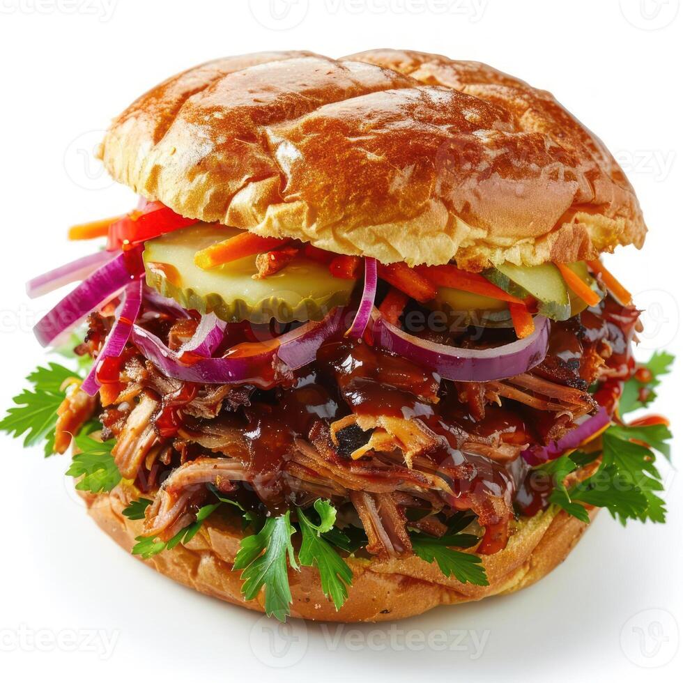 a pulled pork sandwich with pickles and onions photo