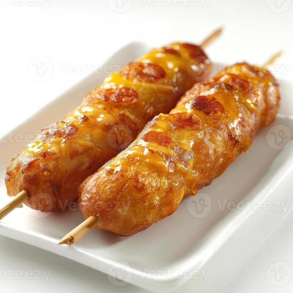 two skewers of food on a white plate photo