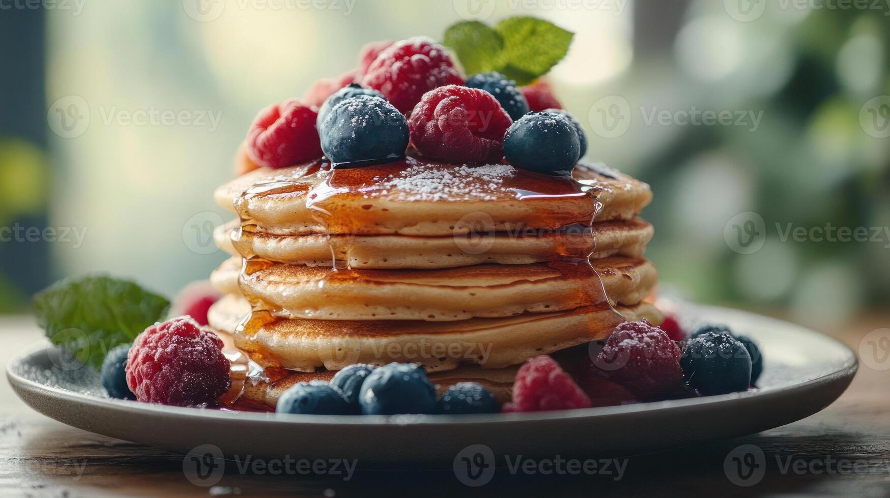 a stack of pancakes topped with berries and syrup photo