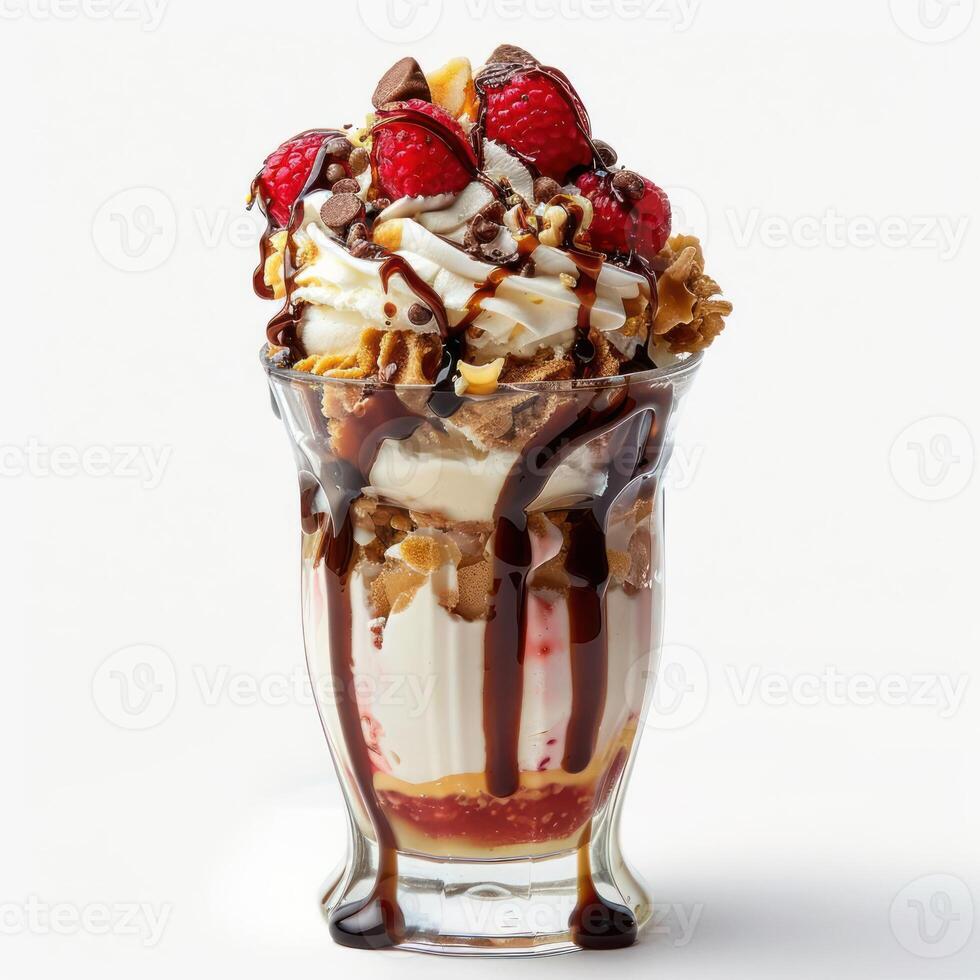an ice cream sundae with chocolate sauce and strawberries photo