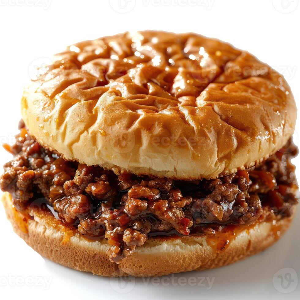 a sloppy joe sandwich on a bun on a white surface photo