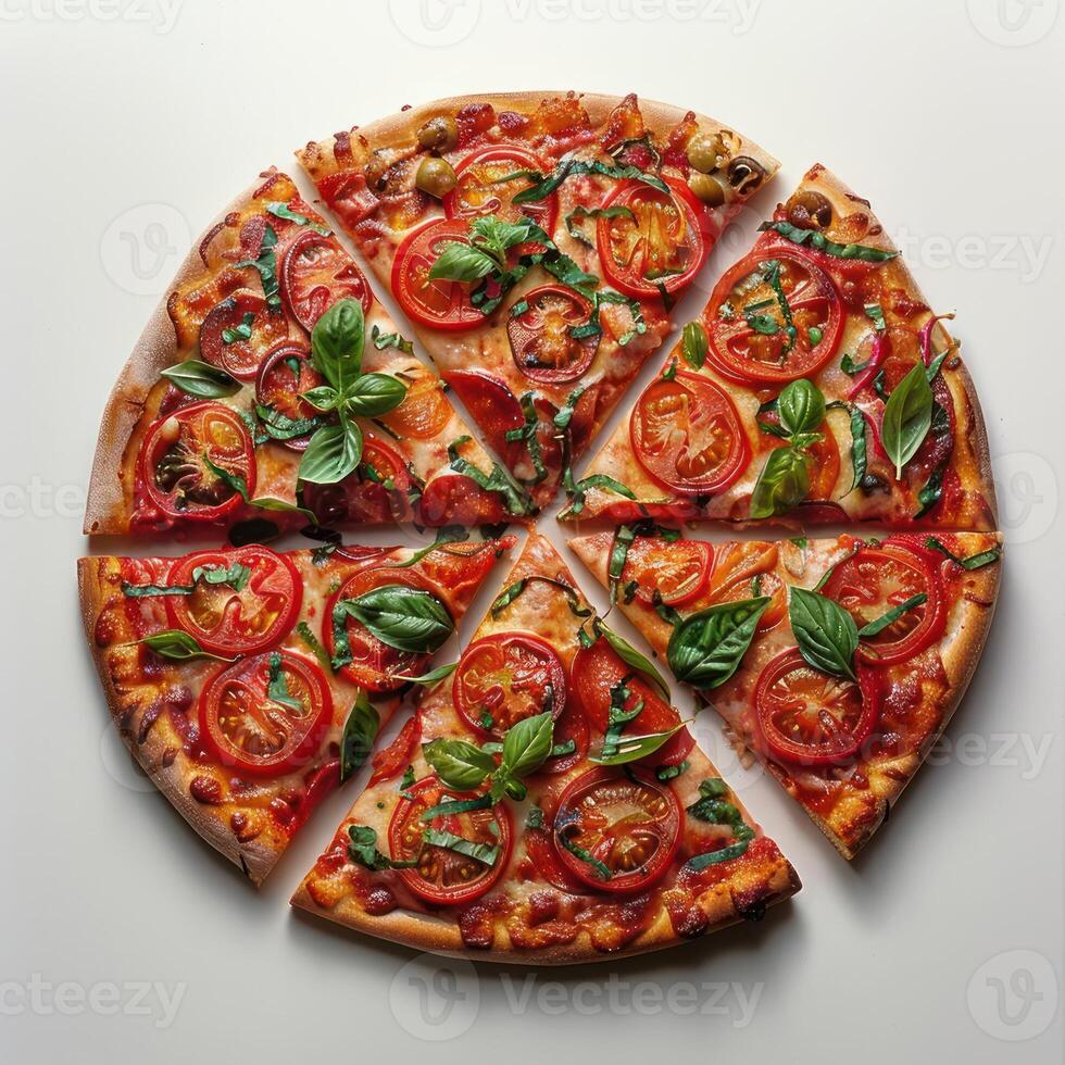 a sliced pizza with tomatoes and basil on it photo