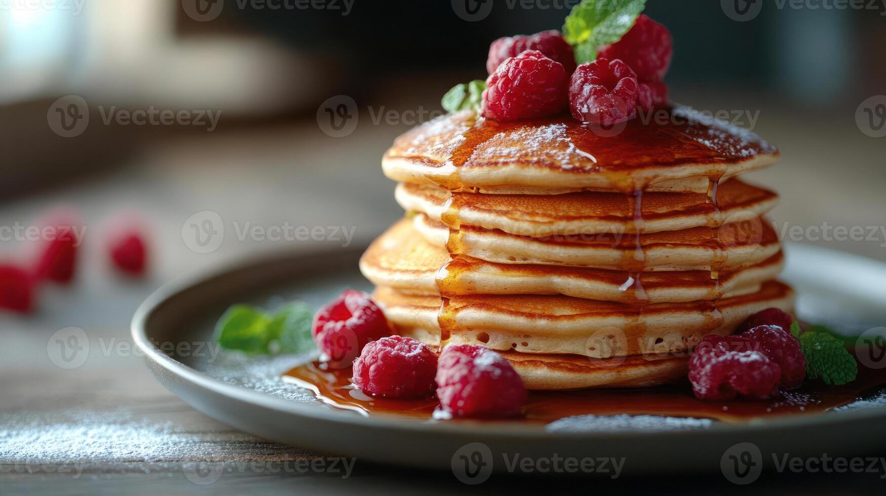 a stack of fluffy pancakes garnished with berries and syrup, ready to be savored. photo