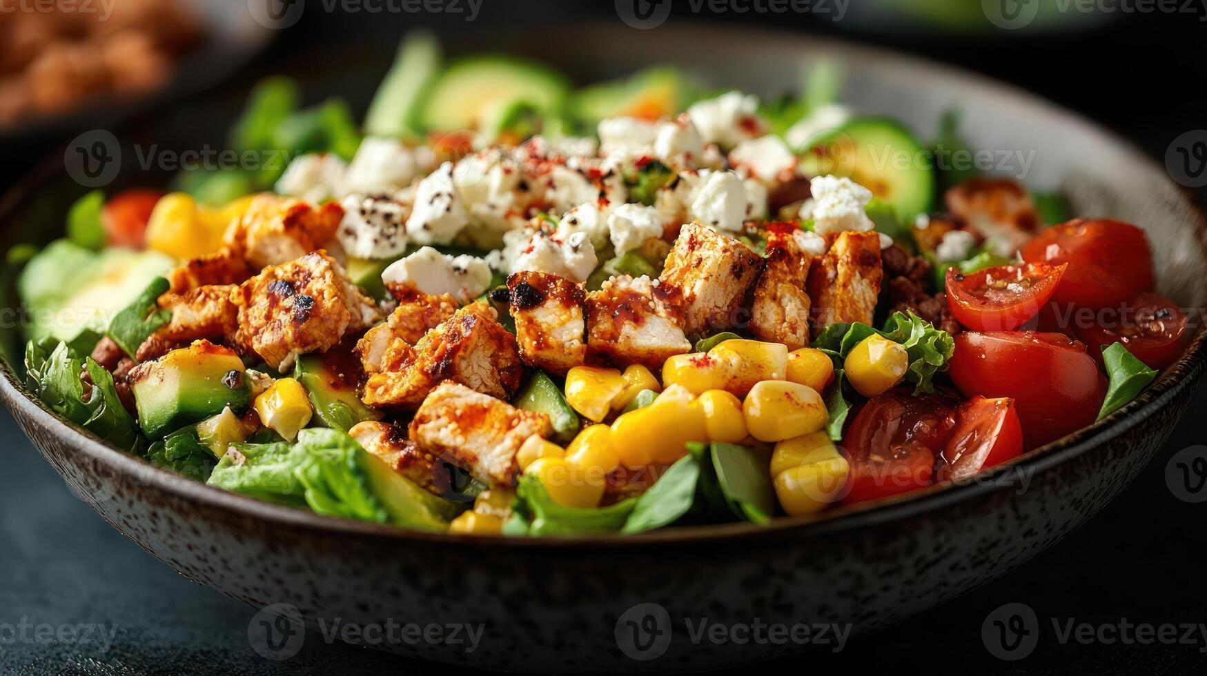 A vibrant salad filled with fresh veggies and protein, drizzled in a dressing that adds flavor. photo