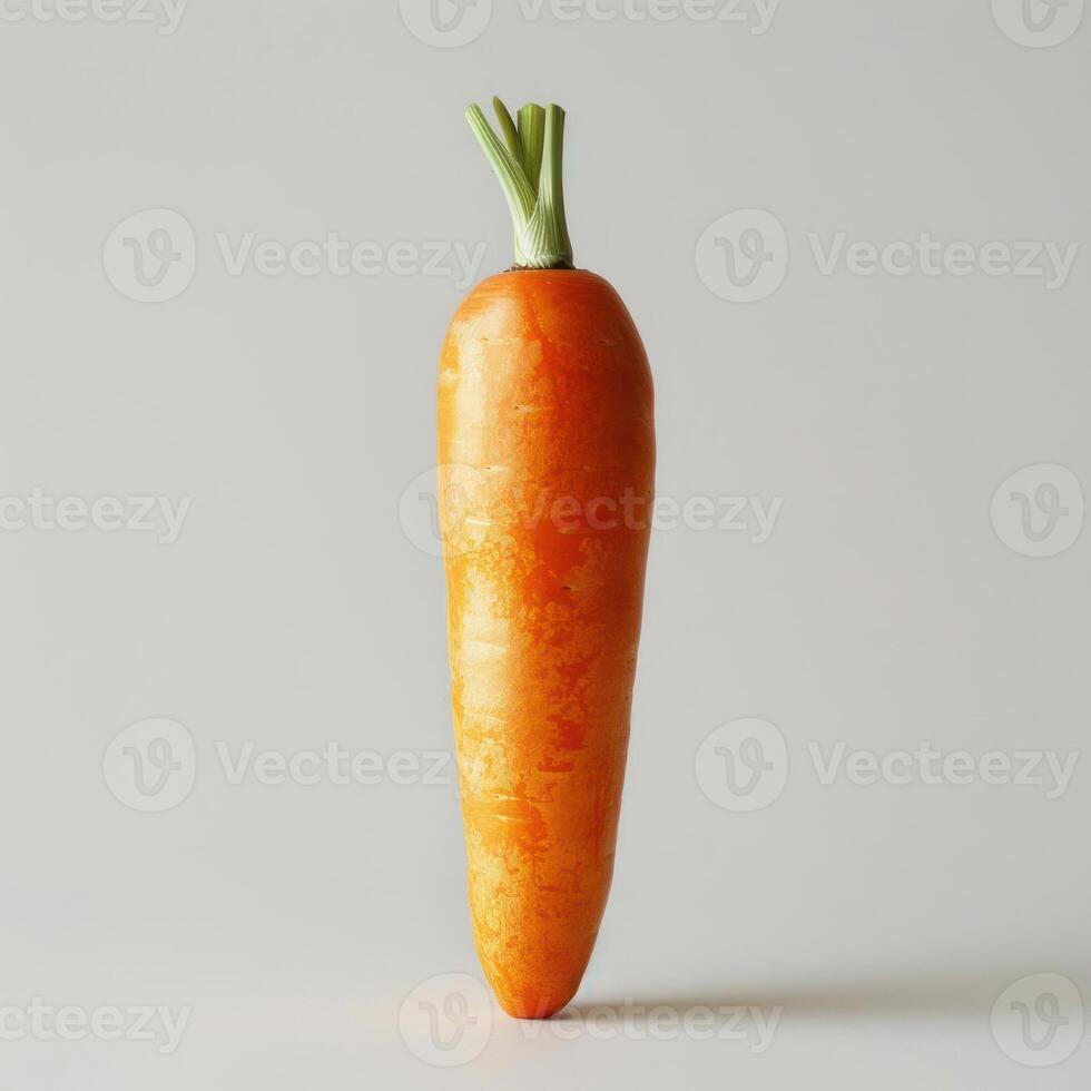 A whole carrot on a white background, showing its stem and roots. photo