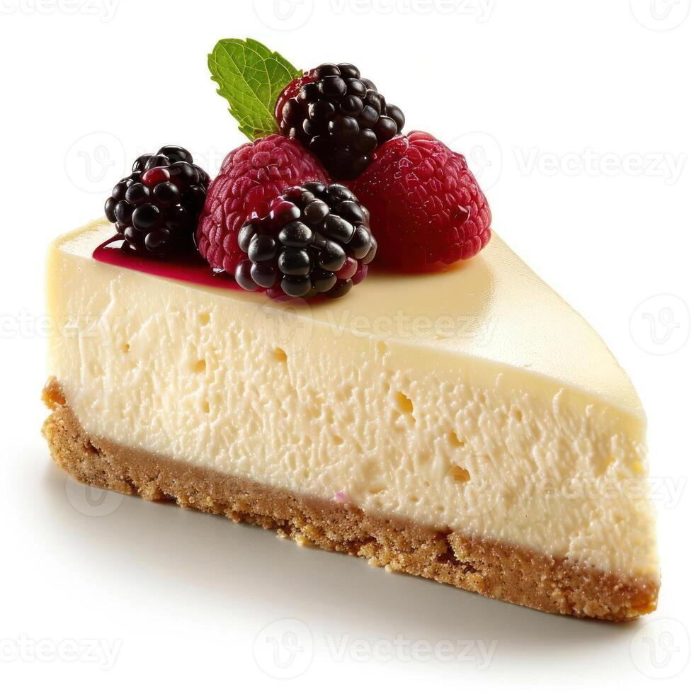 A slice of cheesecake topped with raspberries and blueberries. photo