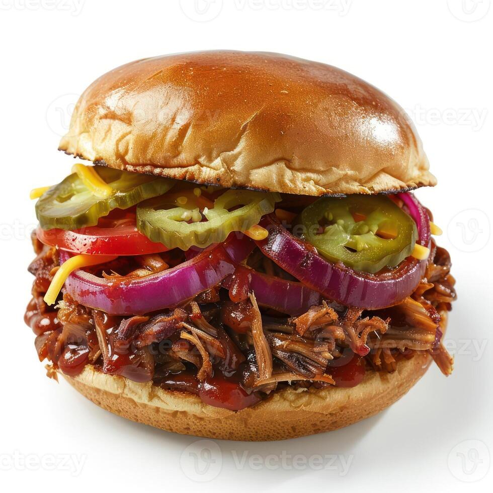A barbecue sandwich garnished with pickles, jalapenos and cheese on a hoagie roll. photo