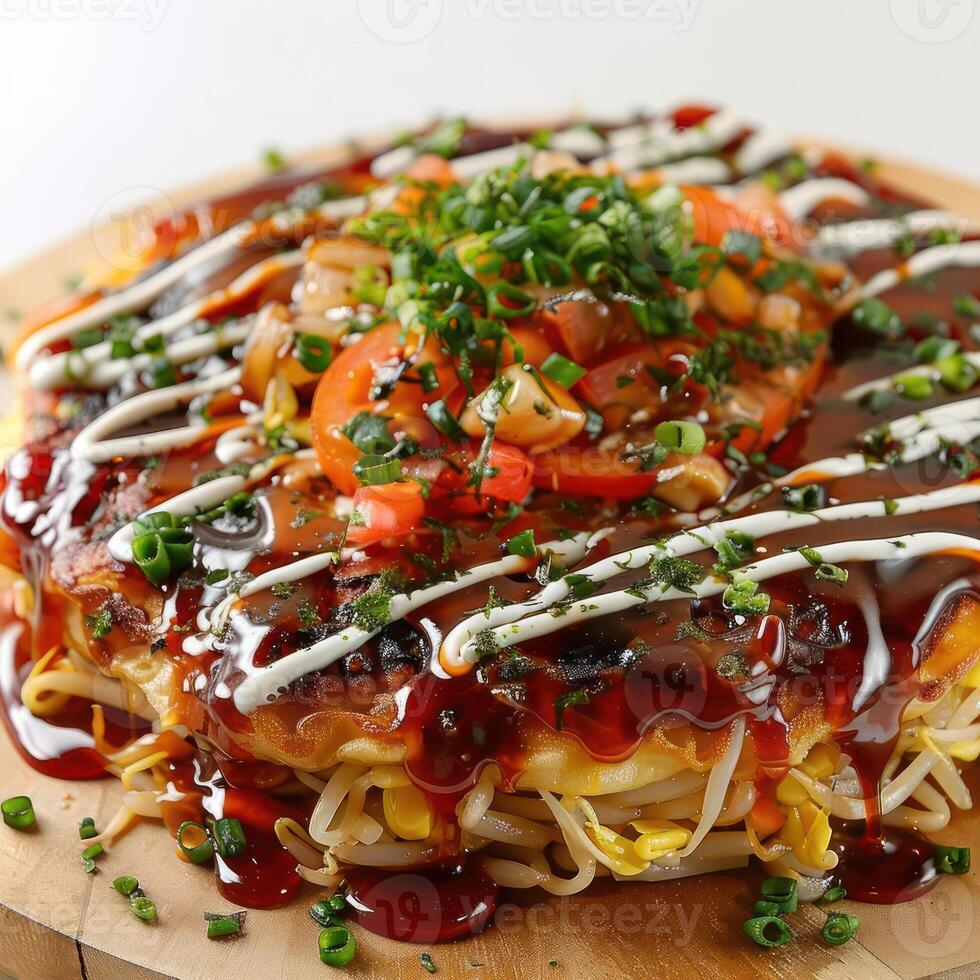 Pizza-like dish loaded with various toppings and sauce photo