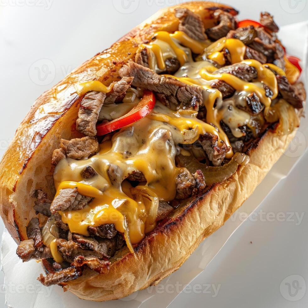 A mouthwatering steak sub with cheese and various toppings on a white plate photo