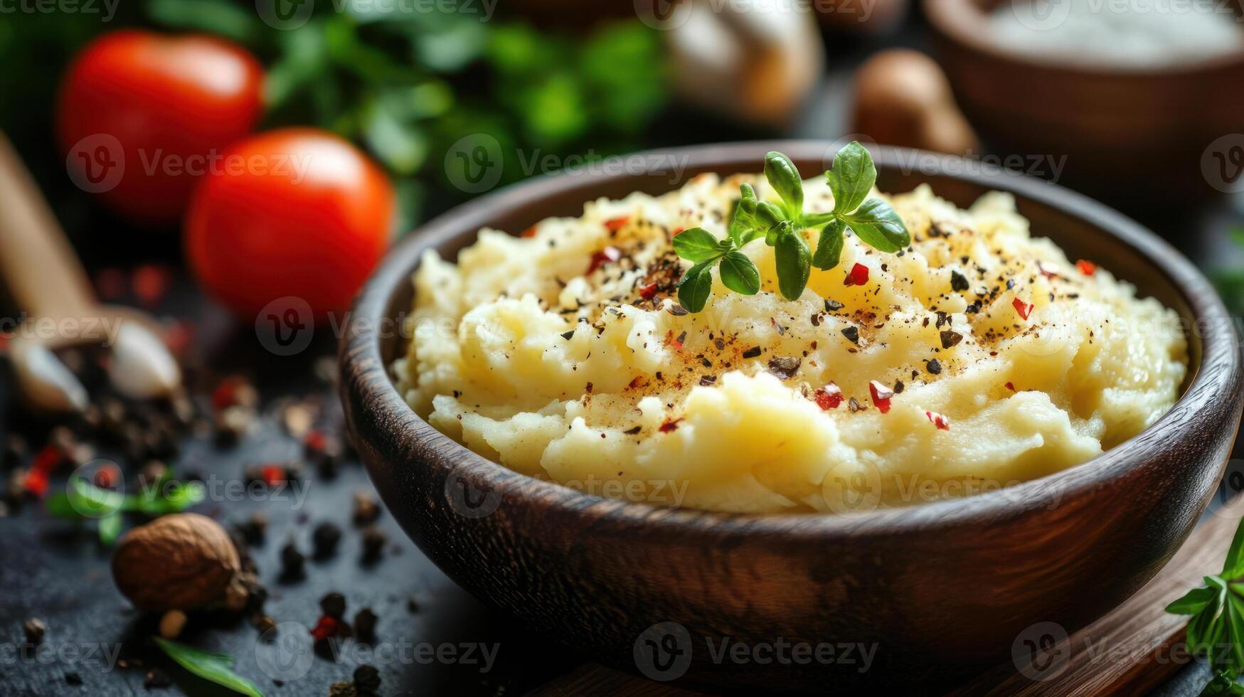 Mashed potatoes with garnish and spices photo