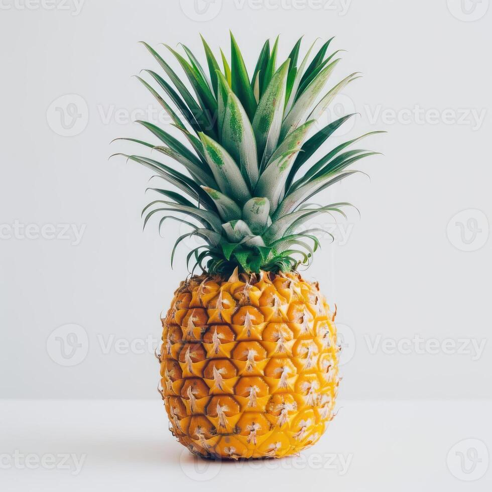 A whole, ripe pineapple with a green top and yellow bottom. photo