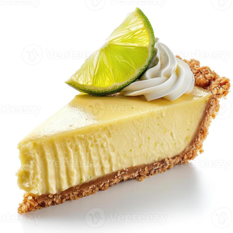 A slice of creamy cheesecake topped with lime and whipped cream. photo