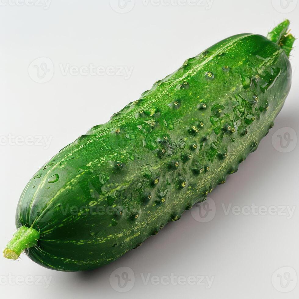 A green zucchini with drops of water on it, sitting on a plain white surface. photo