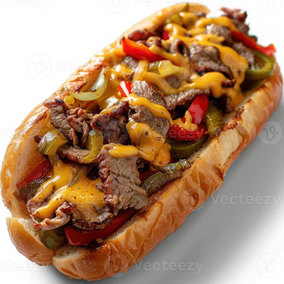 Hot dog topped with steak, peppers, and cheese. It looks deliciously ready to eat. photo