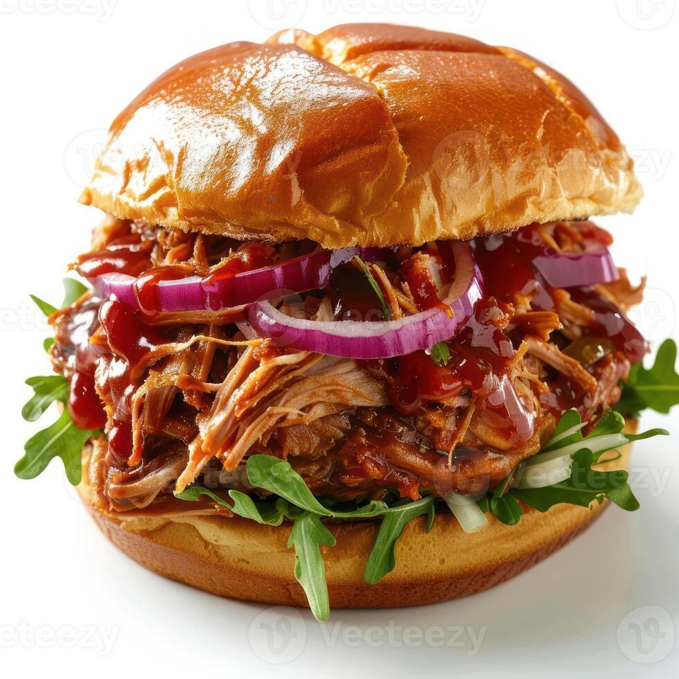 A delicious barbecue sandwich with onion rings, bacon, tomato and sour cream. photo