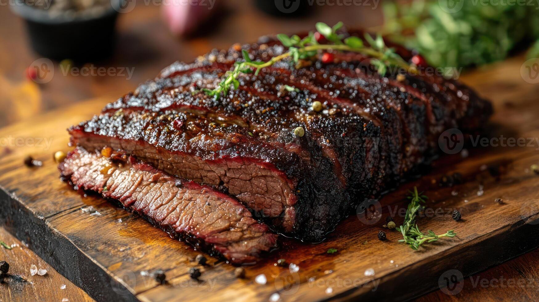 Cooked ribs with a delicious look, ready to serve. Surrounded by various spices and ingredients. photo