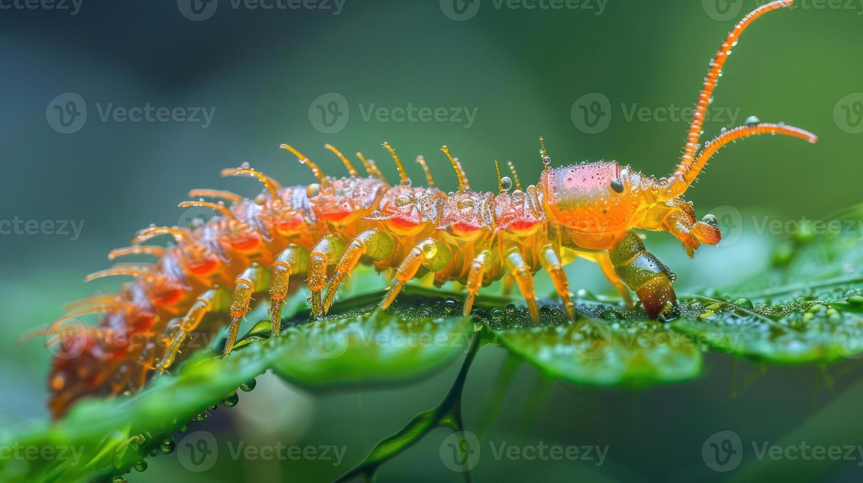 In this image, we see two different types of insects a caterpillar and a butterfly. photo