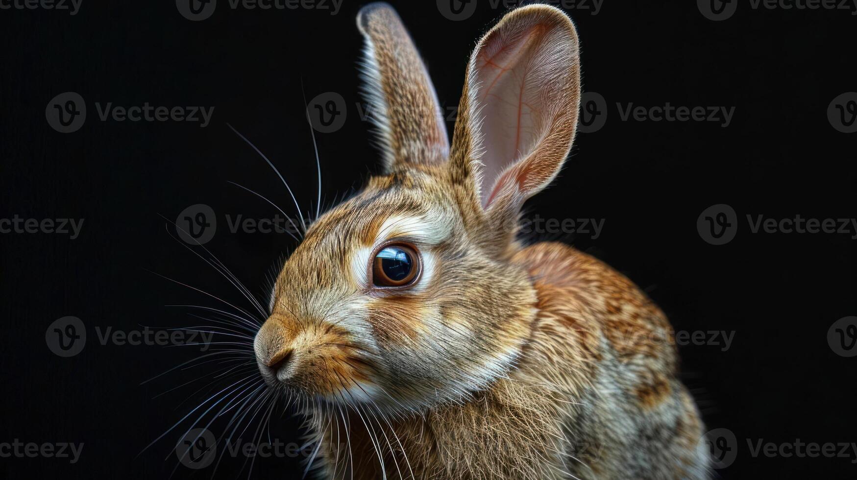 A close-up photo of a brown bunny with its ears perked up, looking directly at the camera.