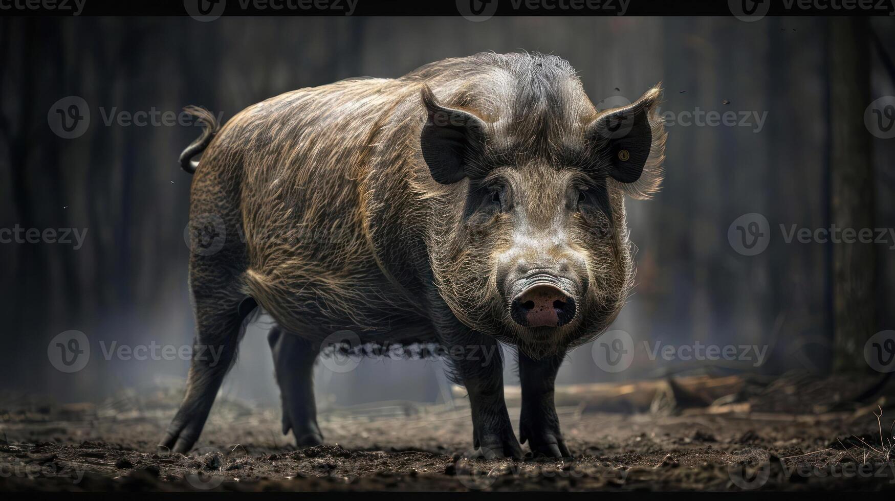 A pig on a dirt road with mist around it, seemingly in motion. photo