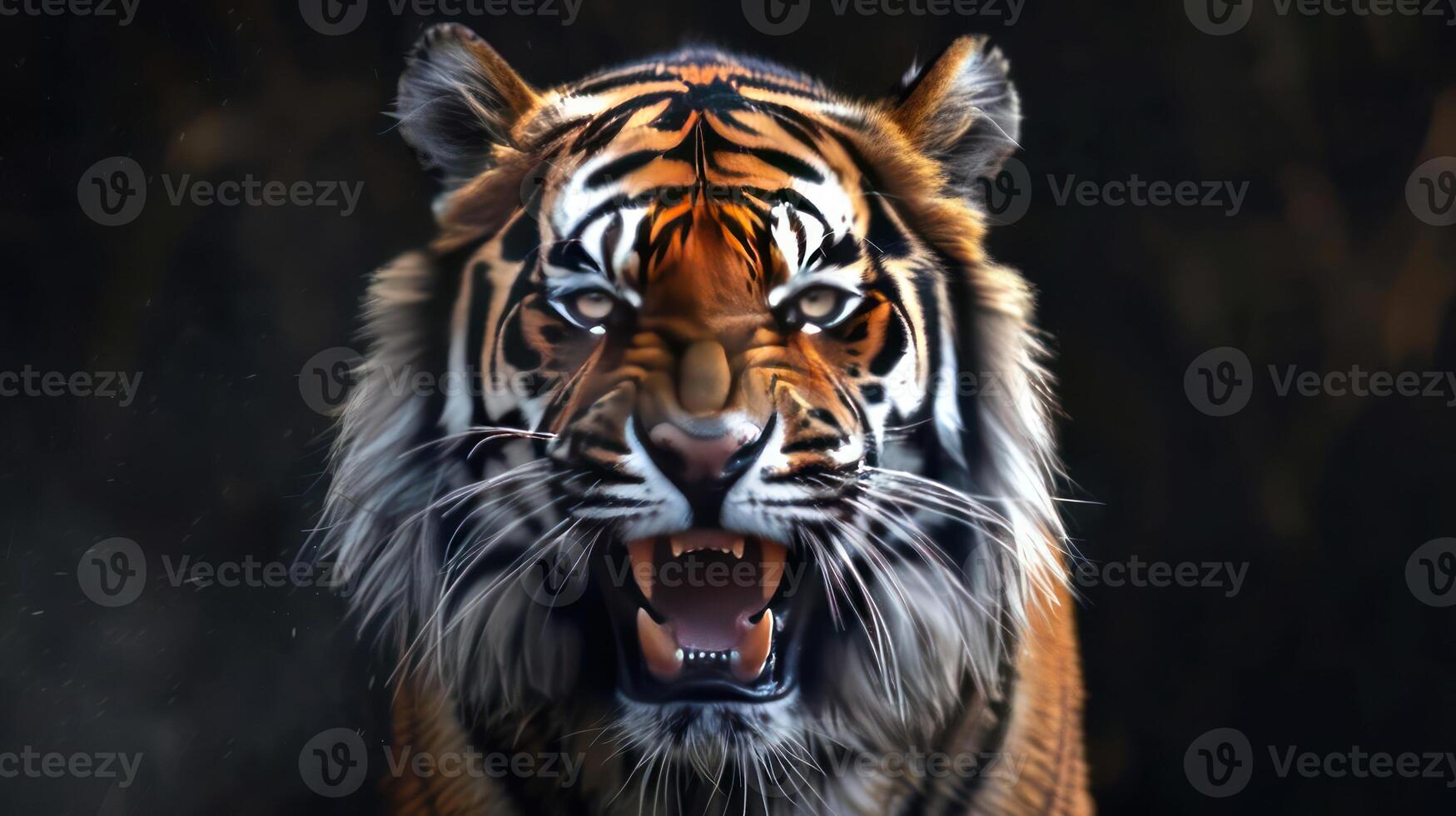 A close up of a tiger's face with its mouth wide open, showing teeth and tongue. photo
