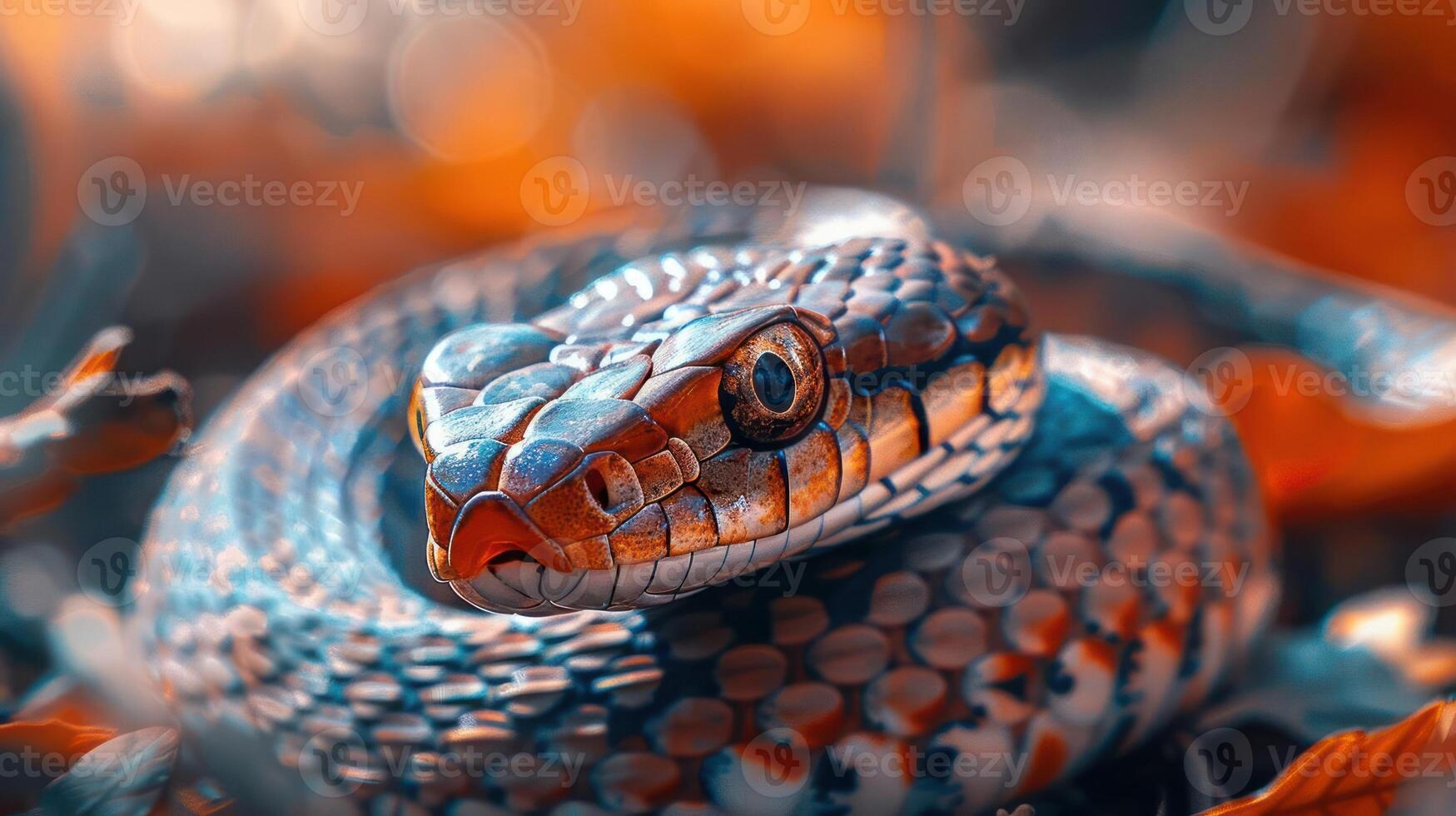 A venomous snake coiled around fallen leaves. photo