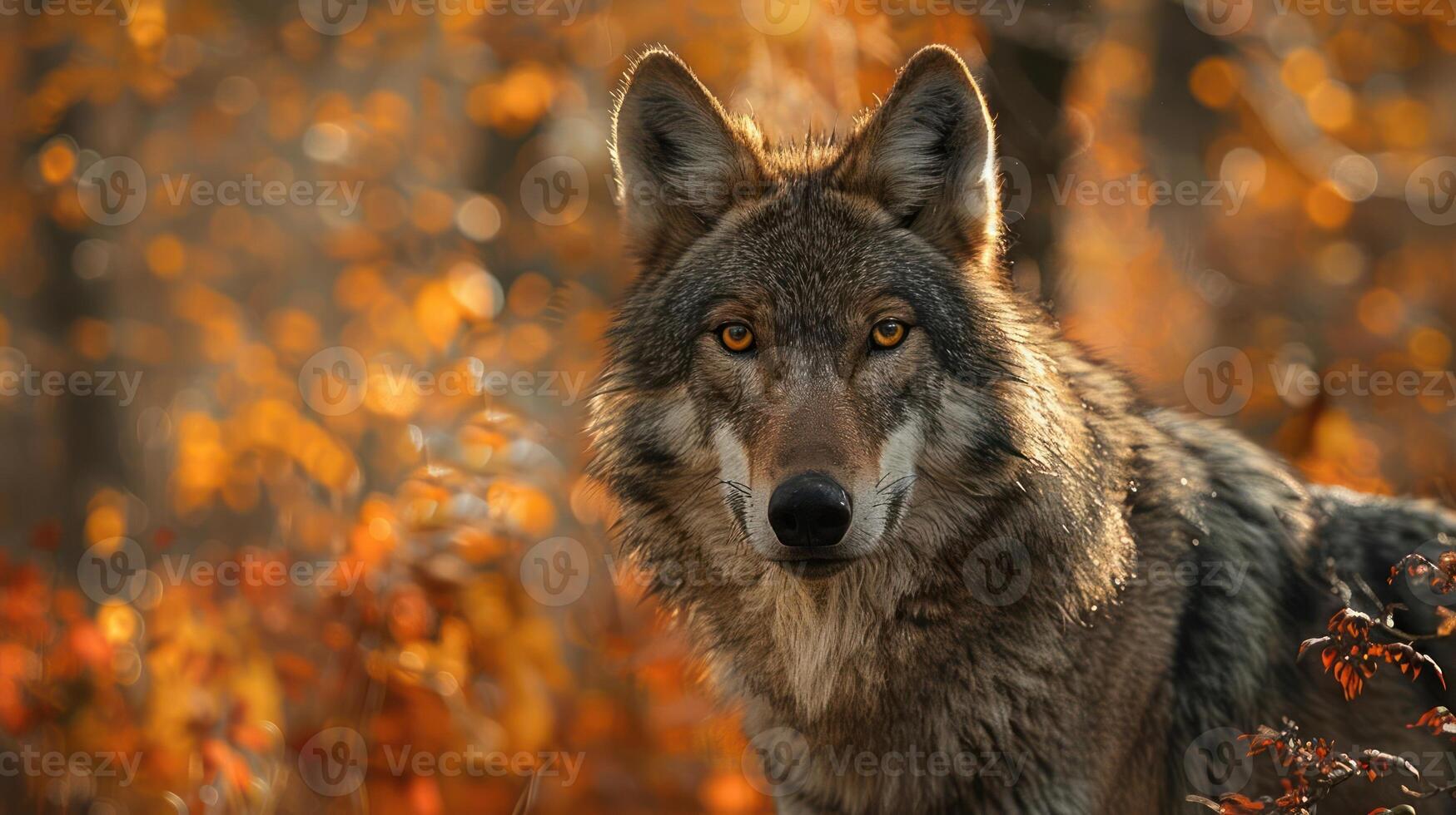 A wolf stands alert amidst autumnal foliage, photo